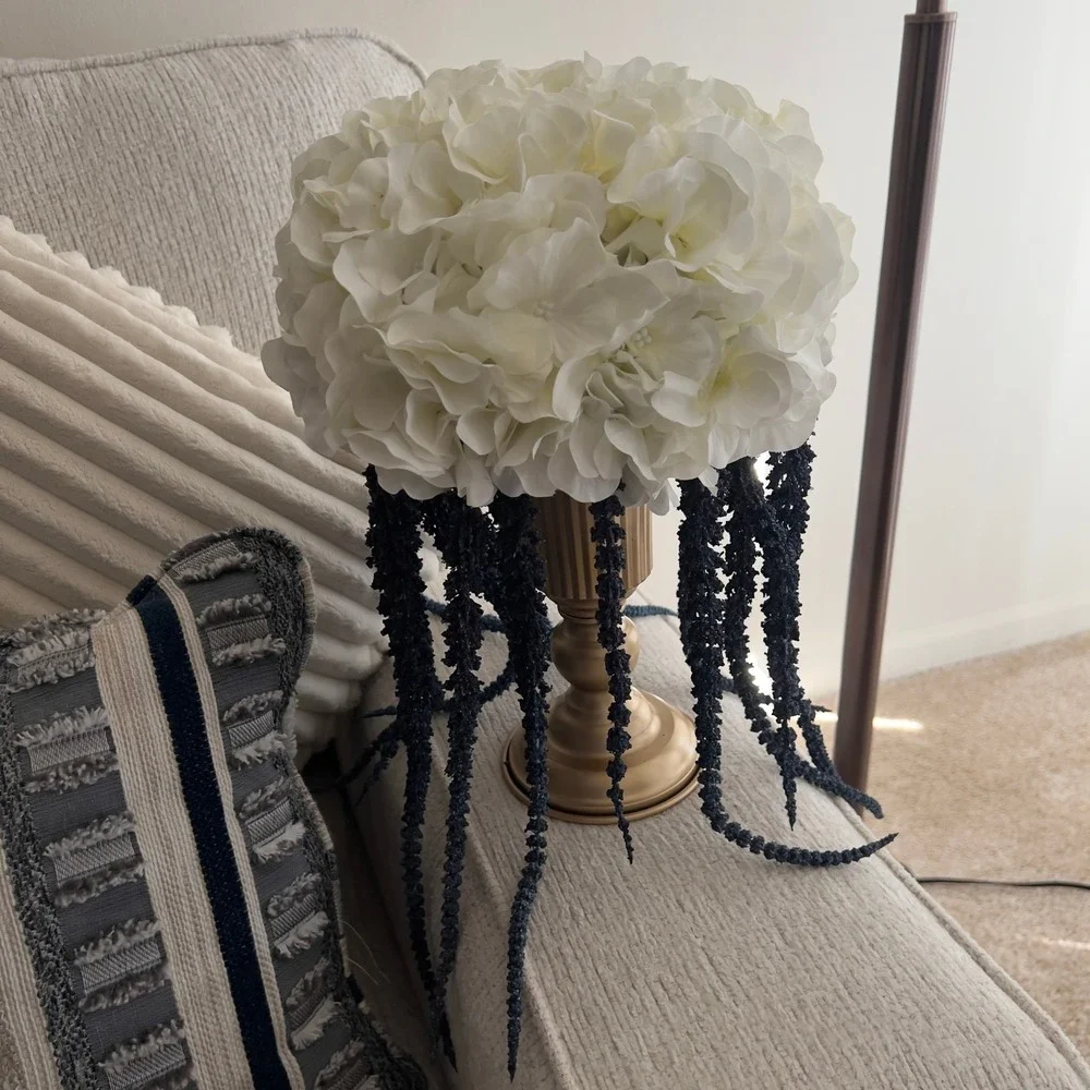 White Hydrangea and Blue Cascading Floral Centerpiece Arrangement in‎ Gold Urn
